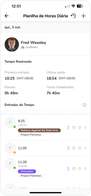 tempo rastreado nas folhas de ponto