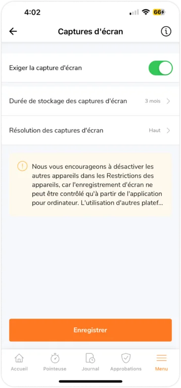Paramètres de capture d'écran sur mobile