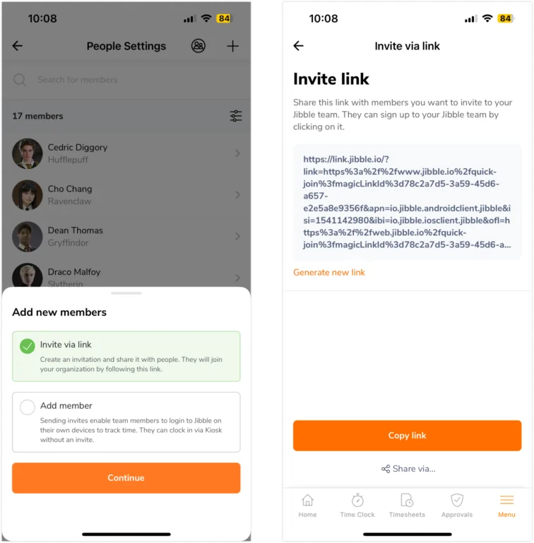 Invite members via link on mobile