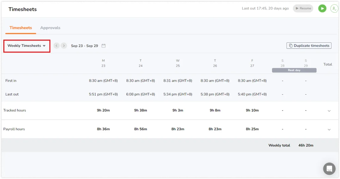 Vue hebdomadaire sur la page Feuille de temps pour les membres