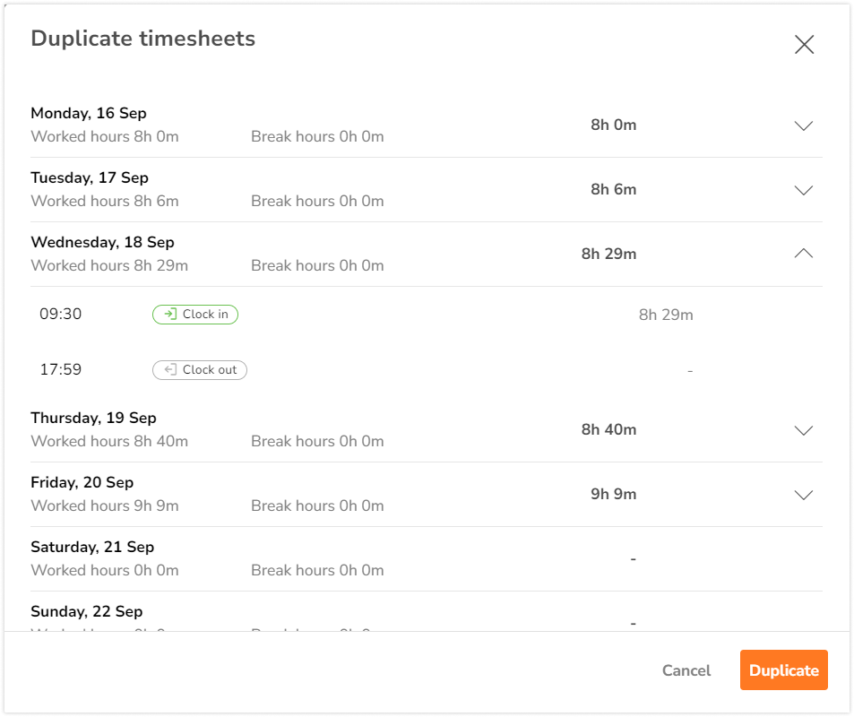 Saisie des heures dans la fenêtre contextuelle de duplication des feuilles de temps