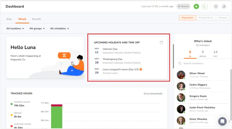 Upcoming holidays on dashboard