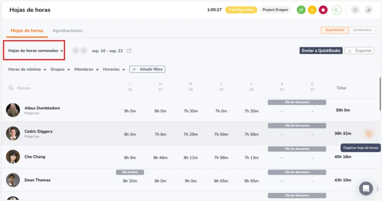 Weekly timesheets under timesheets page