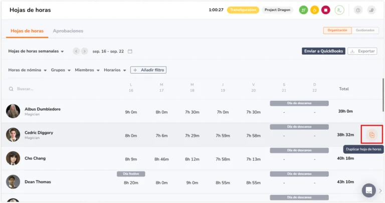 Duplicate timesheets button when hover over the weekly timesheet of a member