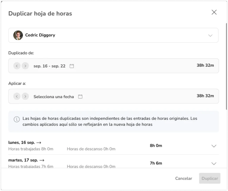 Pop-up window to duplicate timesheets