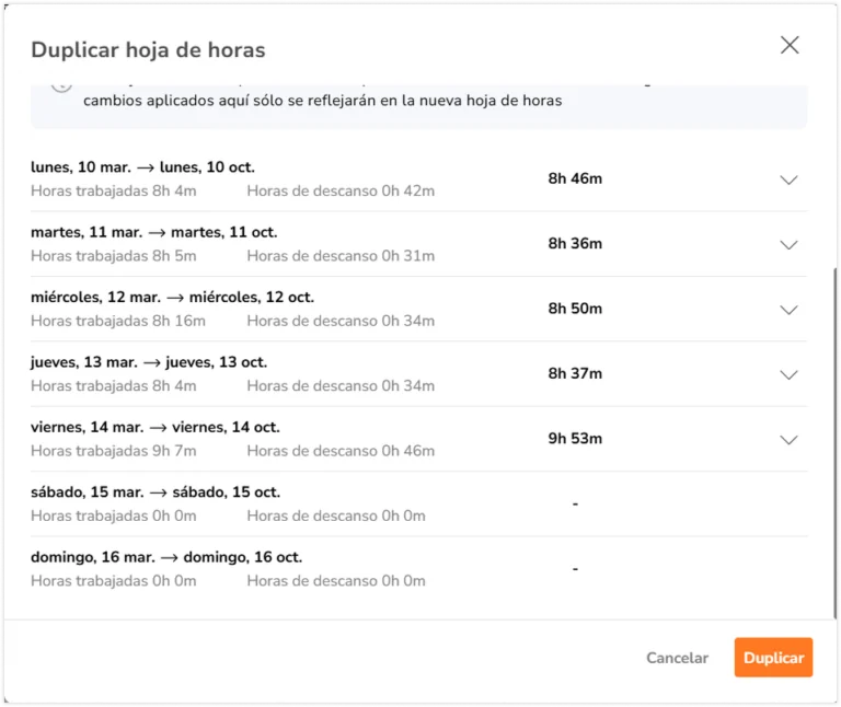 Time entries on duplicating timesheets pop-up window
