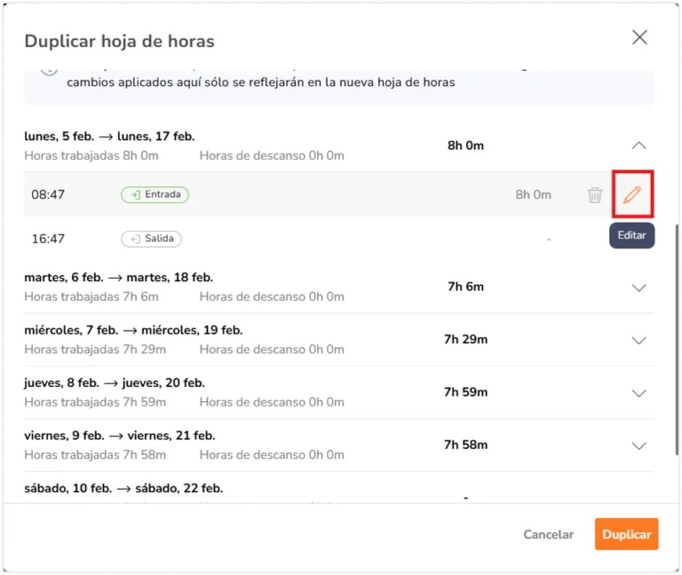 Pencil icon to edit individual time entry