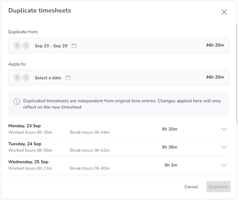 Fenêtre contextuelle de duplication de la feuille de temps pour les membres