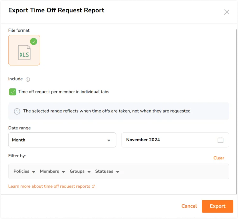 Time off request export side bar