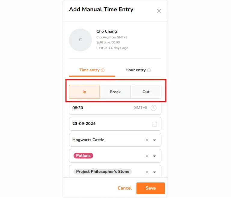 Types of time entry on the add time entry side bar