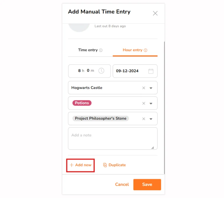 Add new button under hour entry side bar