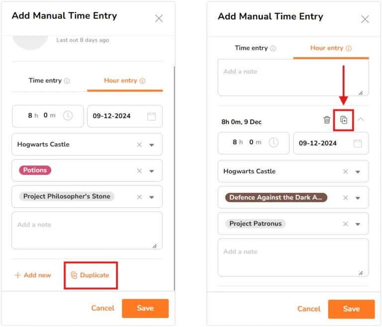 Duplicate buttons under hour entry side bar