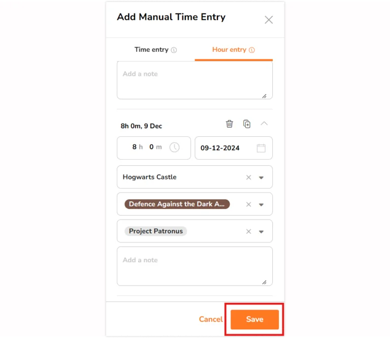 Save button under hour entry side bar