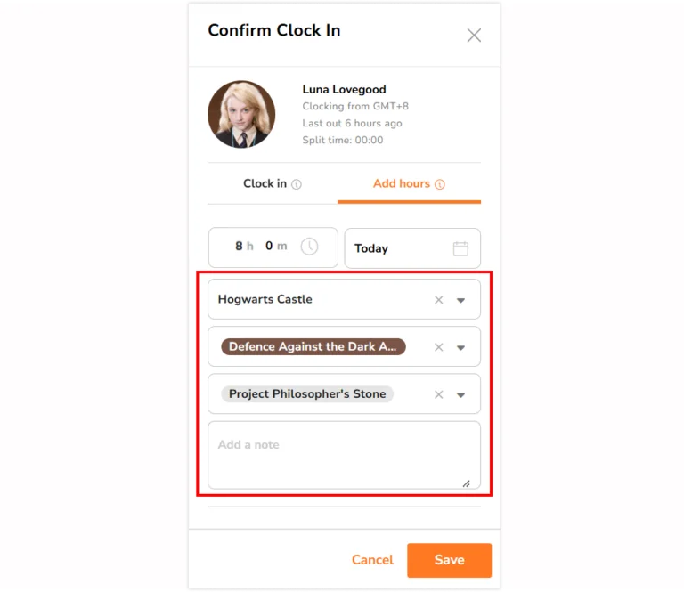 Location, activity, project and note fields under the clock in side bar