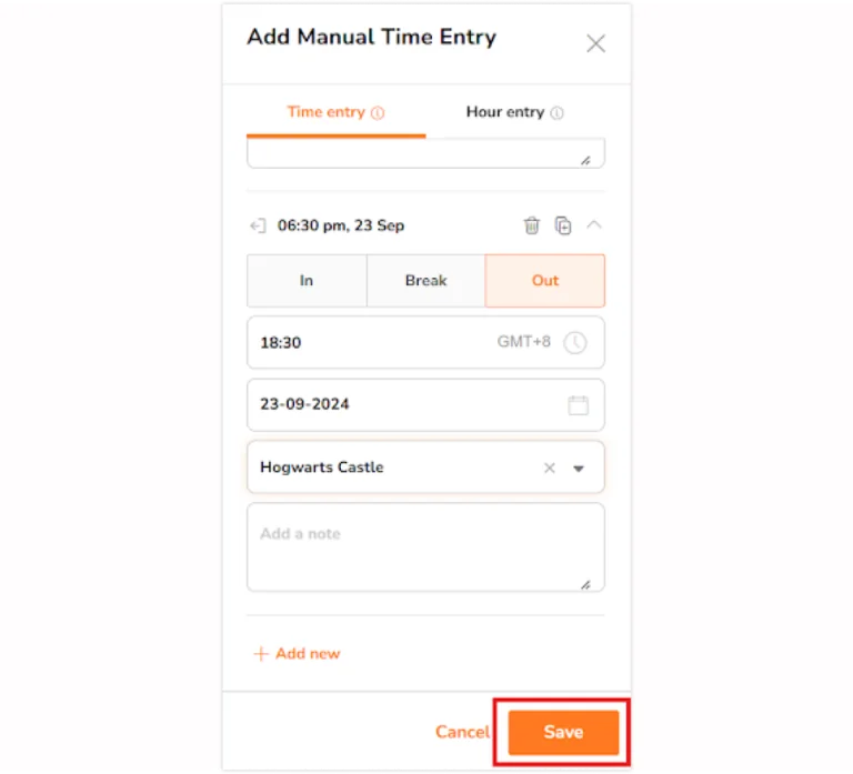 Save button on adding time entry side bar