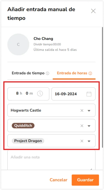 Adding hours, location, activity and project for hour entry