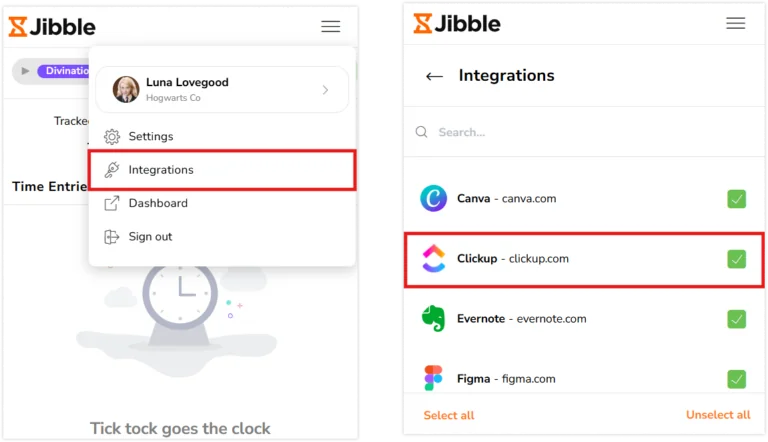 Selecting ClickUp in the list of integrations in CE