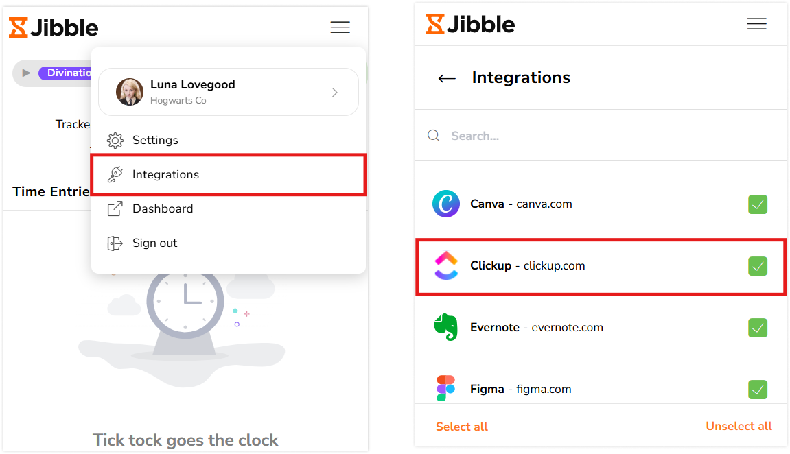 Auswahl von ClickUp in der Liste der Integrationen