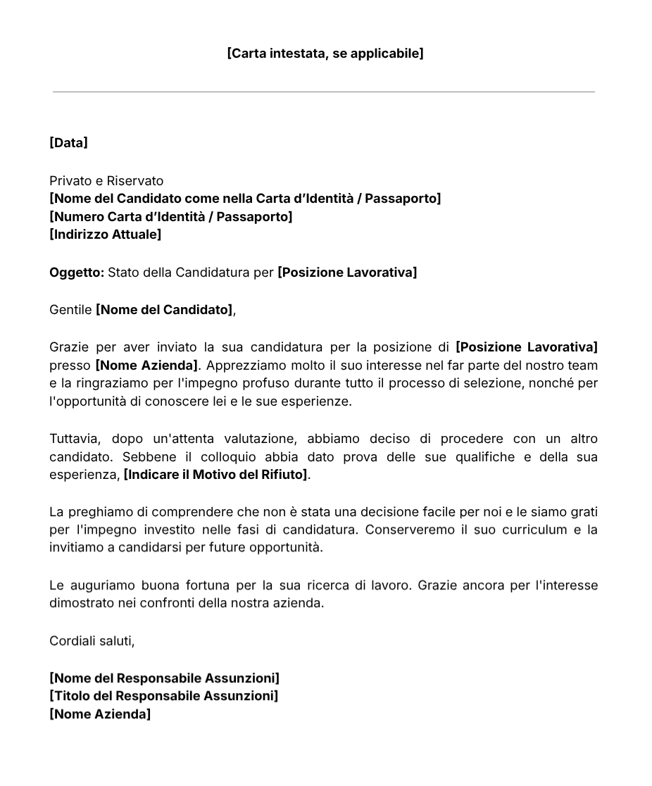 Modello Gratuito per Lettera di Rifiuto a un Candidato Modello per Lettera di Rifiuto a un Candidato di Jibble