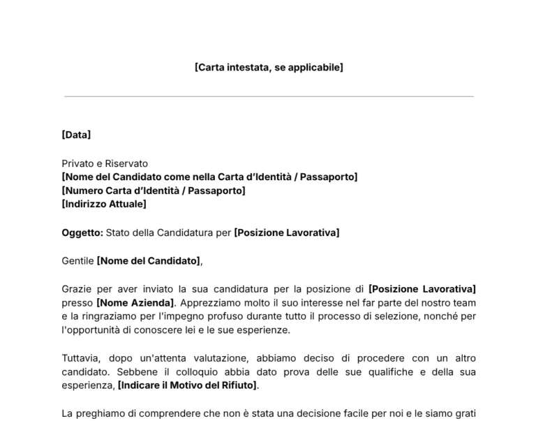 Modello per Lettera di Rifiuto a un Candidato