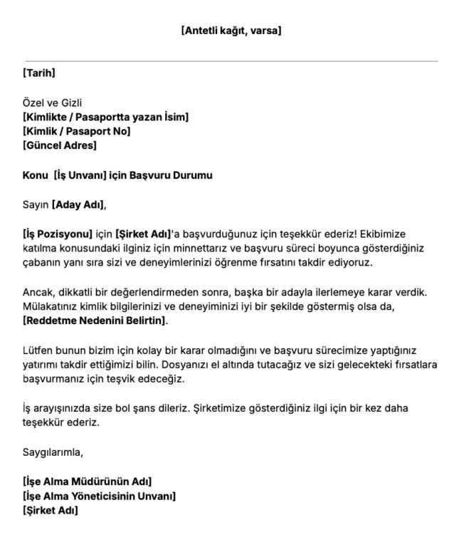İş Başvurusu Red Mektubu Şablonu