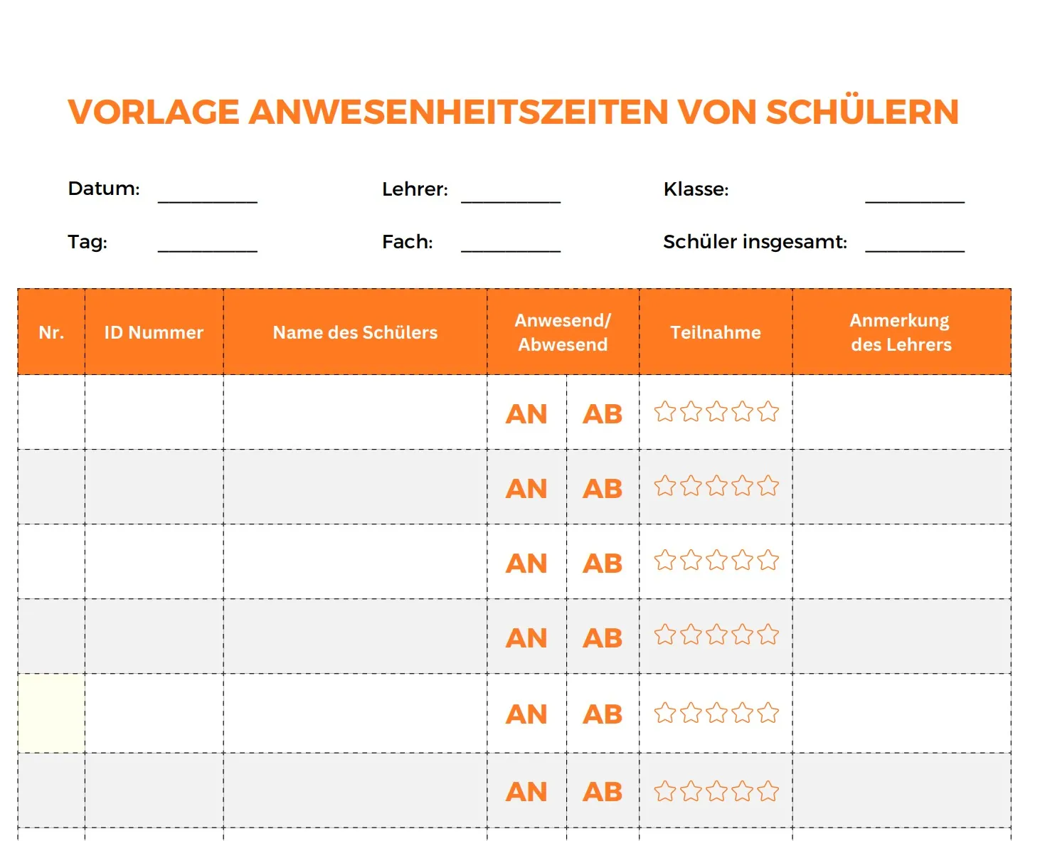 Vorlage zur Erfassung der Anwesenheitszeiten von Schülern