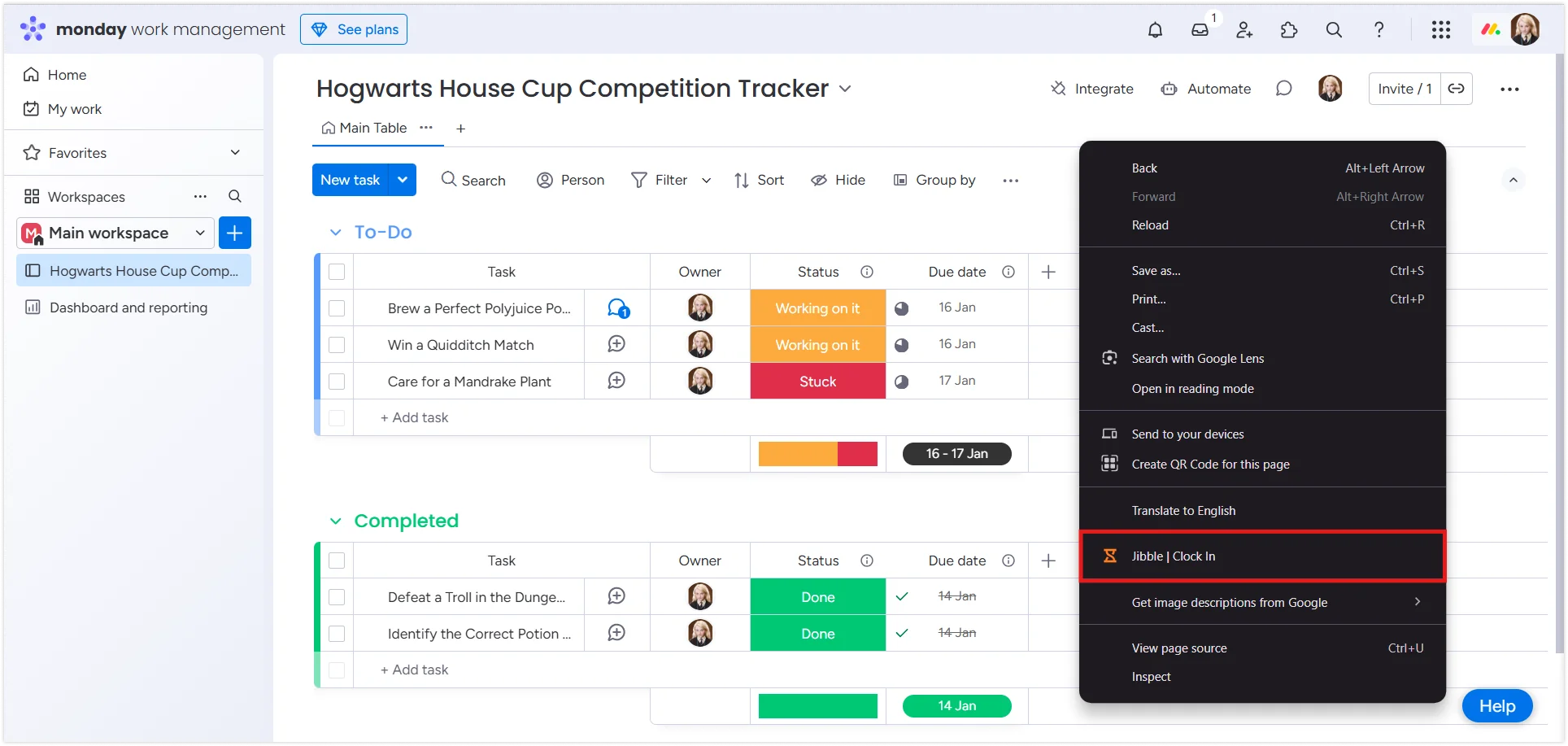 Clic droit pour pointer sur monday.com
