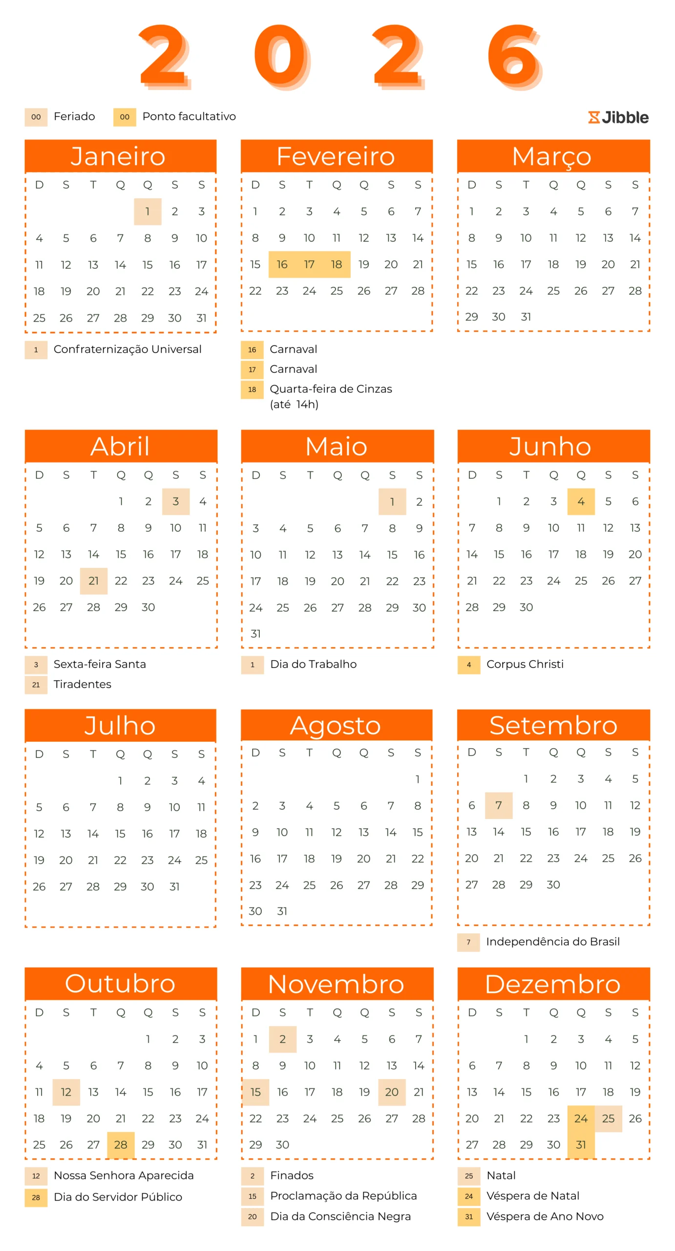 Calendário de feriados no Brasil em 2026