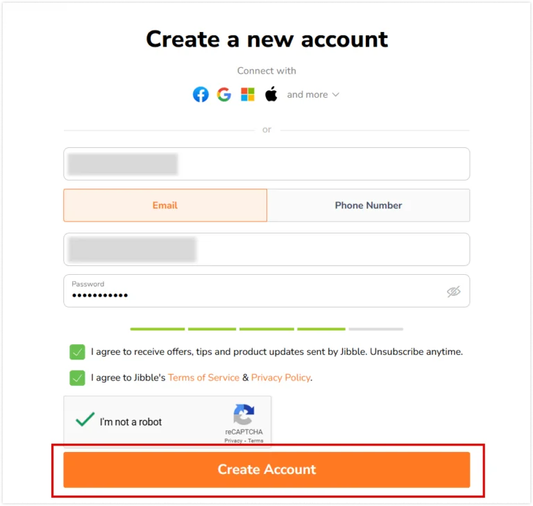 Create account button on create a new account page