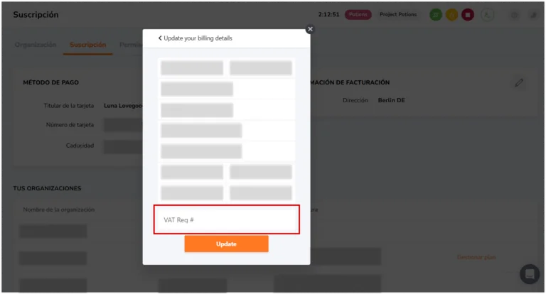 VAT number field in the pop-up window