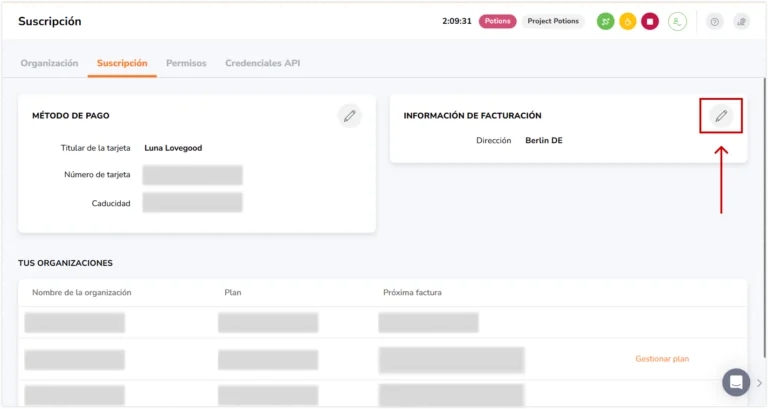 Pencil icon to edit billing details