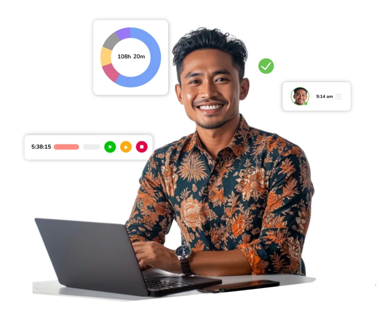 pria bekerja menggunakan batik sambil melacak waktunya dengan software time tracker jibble versi desktop