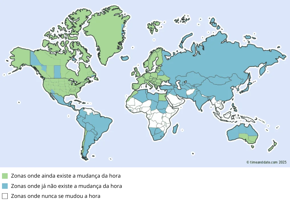 Imagem que demonstra como a mudança da hora ocorre nos vários países do mundo.