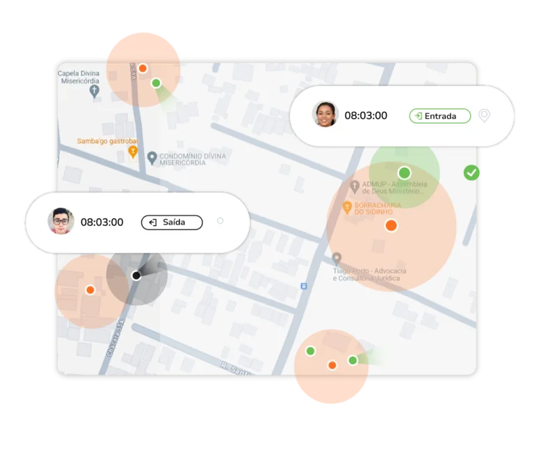 Cercas virtuais mostradas em um mapa junto com a localização dos funcionários.