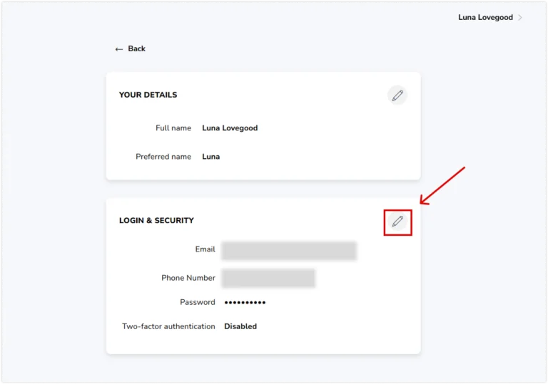 Pencil icon on login and security widget on user page