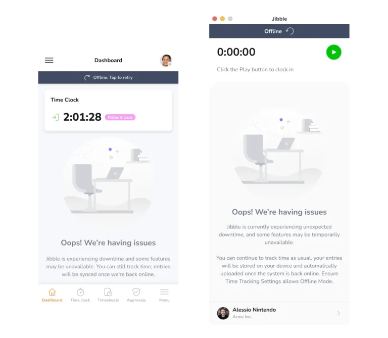 Message on mobile and desktop app when server issues happen