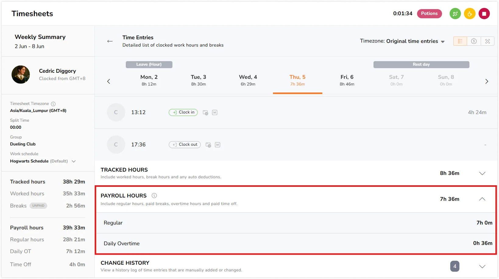 Payroll hours under time entries view