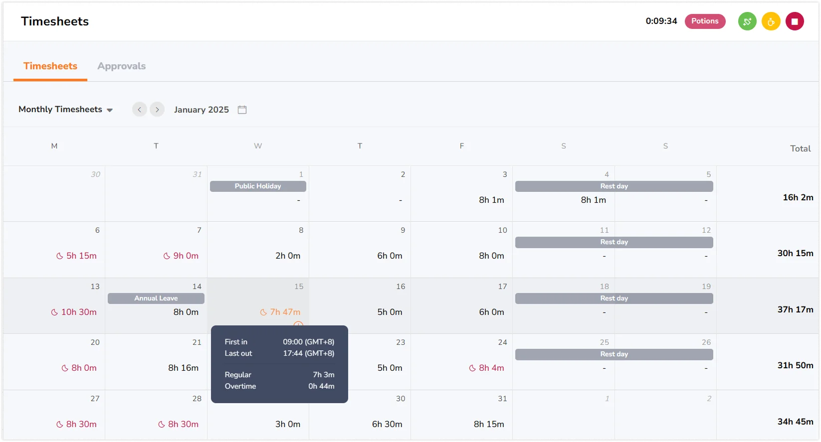 Monthly personal timesheet