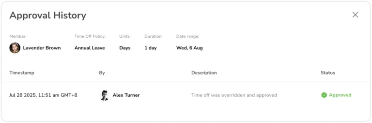 Approval history with override action logged