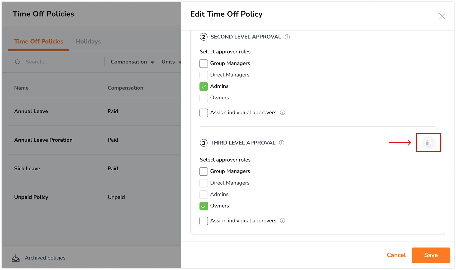 Bin icon to delete approval level per time off policy