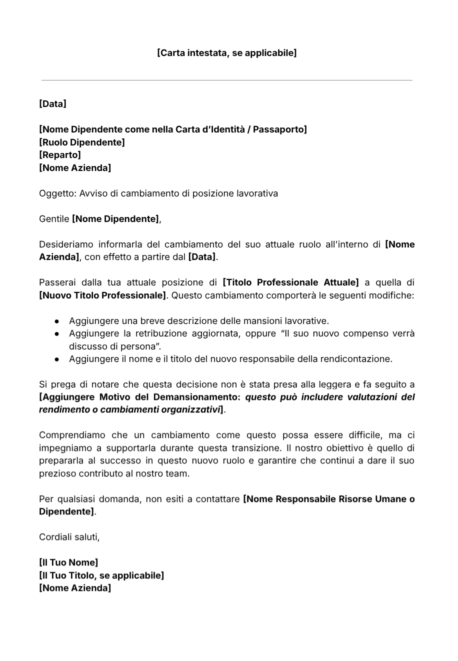 Modello gratuito per lettera di demansionamento