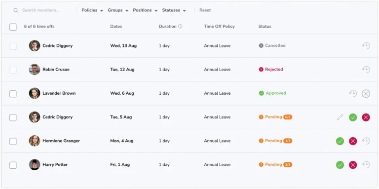 Statuses of time off requests with multi level approvals