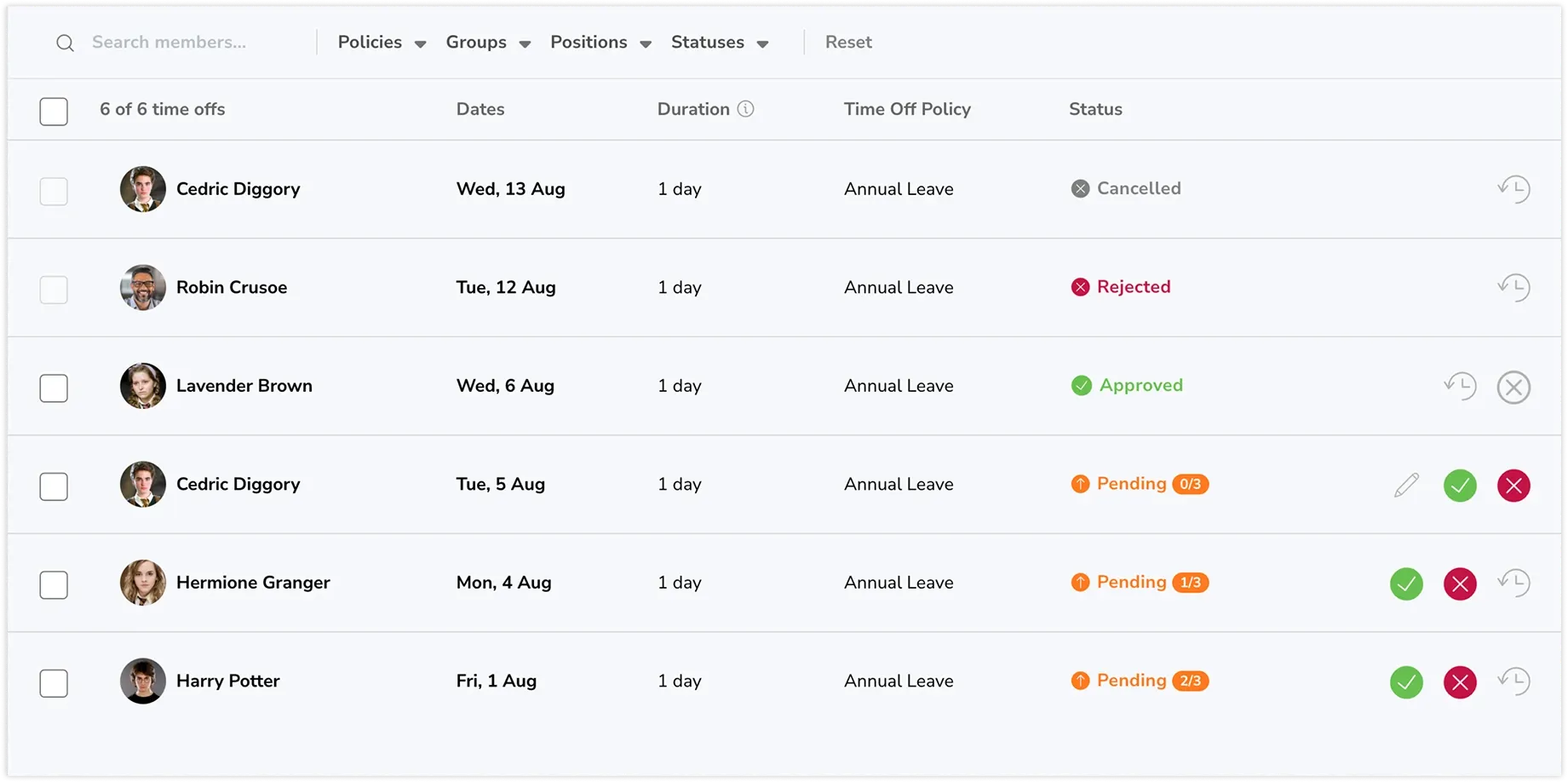 Statuses of time off requests with multi level approvals