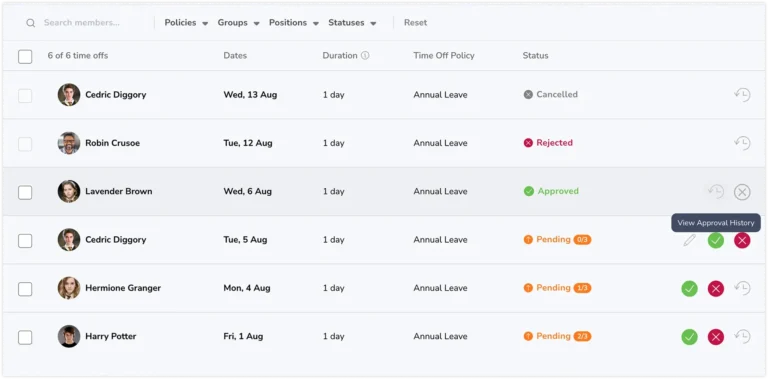 Viewing approval history for time off requests