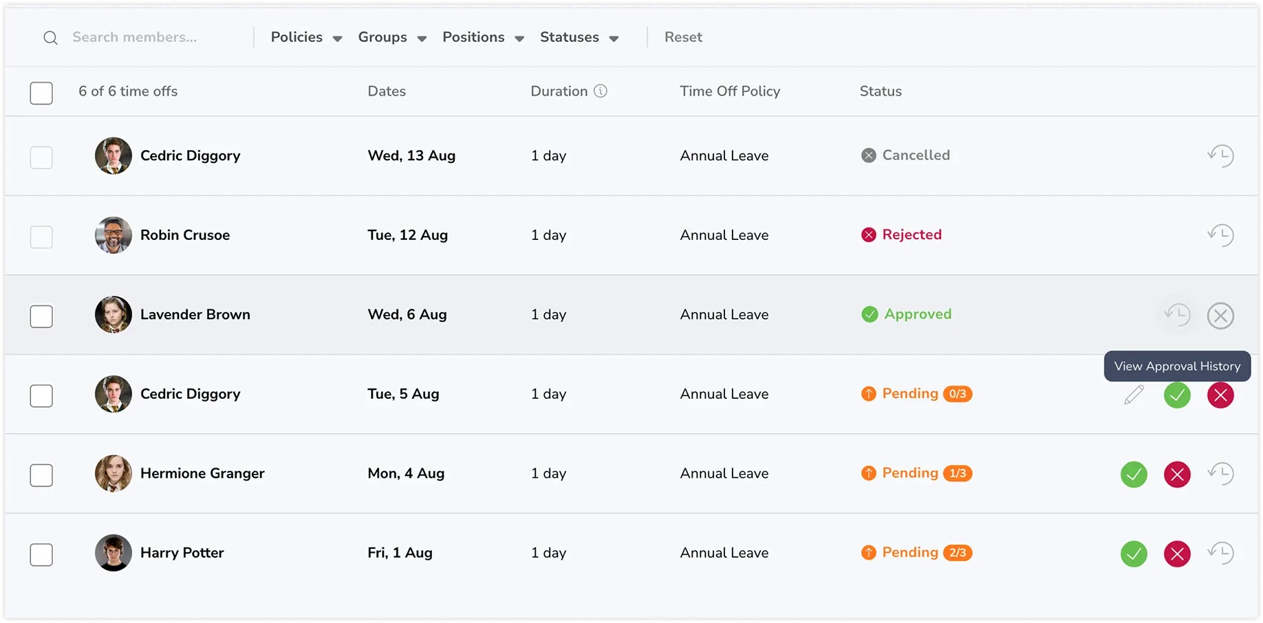 Viewing approval history for time off requests