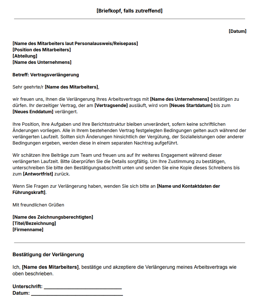 Vorlage für ein Schreiben zur Vertragsverlängerung