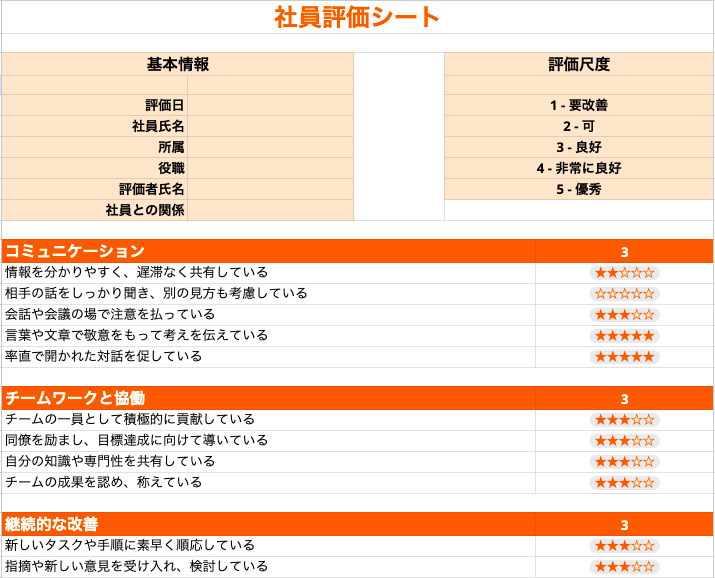 社員評価シートの無料ダウンロード