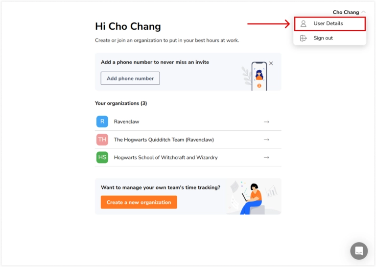 User details in the dropdown menu on account details page