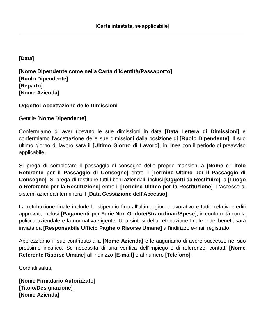 Modello per lettera di accettazione delle dimissioni
