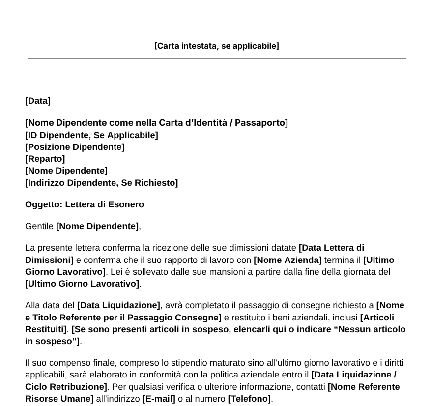 Modello per Lettera di Esonero